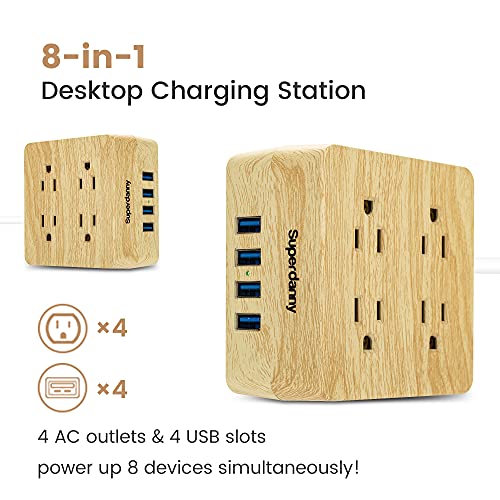 Usb Power Strip Surge Protector - Superdanny Desktop Extension Cord With 4 Widely Spaced Outlets & 4 Smart Usb Ports, Portable Charging Station For Home, Office, Hotel, Dorm, Rv, Faux Wood Grain #TOP7