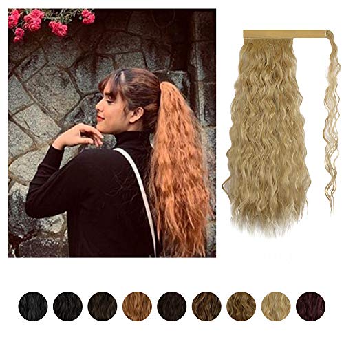 FESHFEN 20 Inch Long Curly Wrap Around Ponytail Hairpiece Strawberry Blonde mix Bleach Blonde Evenly Corn Wave Magic Paste Synthetic Ponytail Hair Extension for Women Girls (27/613)