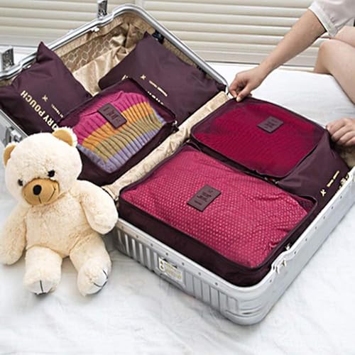 Image of Travel Organizer Pouch Set of 6, Space Saver Packing Cubes for Suitcase, Clothes, Underwear, Socks and Shoes (MAROON)