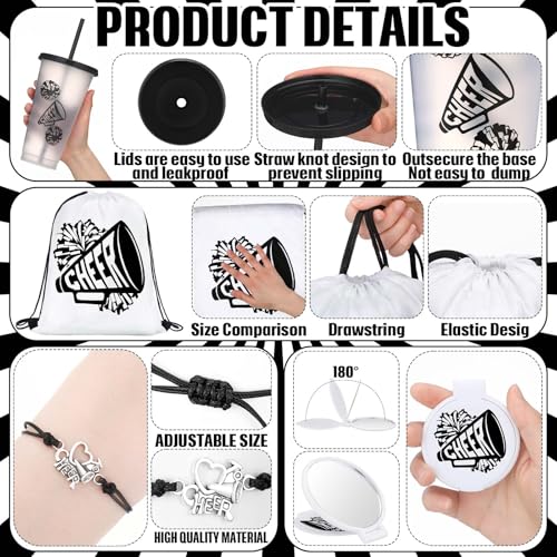 Zhehao 48 Pcs Cheer Gift Bulk for Team Cheerleading Gift Include 12 Plastic Cups with Lid and Straw, Drawstring Bags, Bracelets, Compact Mirrors for Women Party Supplies Banquet(Black)3