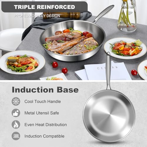 EWFEN 12 Inch Tri-Ply Stainless Steel Frying Pan, Compatible with All Cooktops Up to 600℉, Large Frying Pan Induction-Ready Skillet, Dishwasher and Oven Safe, Even Heat, 12" Skillet by EWFEN - Image 4