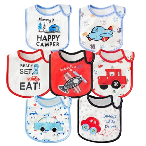Image of 2ooya 7Pcs Cotton Waterproof Baby Bibs Hook Loop Closure Newborn Bib Keepsake Baby Gift for Drooling Feeding Eating