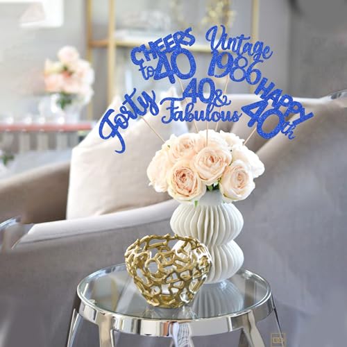 Image of 15 PCS 40th Birthday Centerpiece Sticks Forty Happy 40 Vintage 1986 Table Flower Centerpieces Sticks Cheers to 40 Fabulous Floral Decorations for 40th Birthday Party Supplies Blue