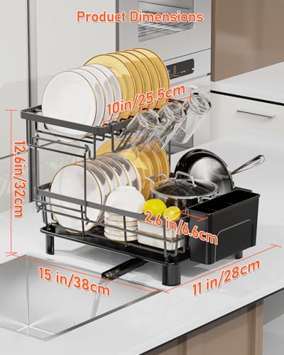 LIONONLY 2 Tier Dish Drainer Rack with Drip Tray, Detachable Dish drying Rack with Swivel Drainage Spout, Utensil & Cup Holder,Dish Rack for Kitchen Counter - Image 4