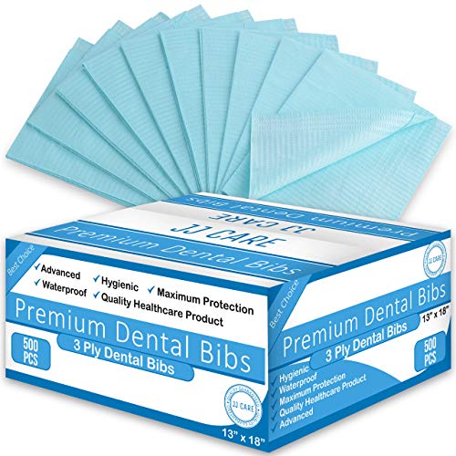 JJ CARE [UPGRADED] Pack of 500 Blue Dental Bibs, 3 Ply Waterproof Bibs 13 x 18 inches Disposable Patient Bibs, Dentist Bibs, Waterproof Tattoo Bibs, Dental Patient Bibs, Dental Bib and Dental Napkins
