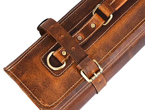 Aaron Leather Goods Leather Knife Roll Storage Bag | Elastic and Expandable 10 Pockets | 6 Leather Pocket | Travel-Friendly Chef Knife Case Roll (Caramel, Leather) - Image 7