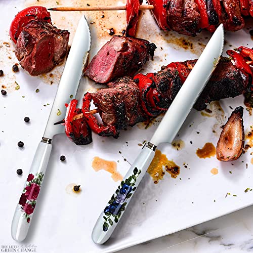 6Pcs Floral Dinner Knives Ceramic Set - Stainless Steel Dinner Set Butter Knives Cutlery Set - Large Ceramic Knife Set Stainless Steel Floral Ceramic Handle - Table Knives Set Small Chefs Knife #TOP4