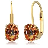 Gem Stone King 3.20 Ct Oval Shape Ecstasy Mystic Topaz 18K Yellow Gold Plated Silver Dangle Earrings