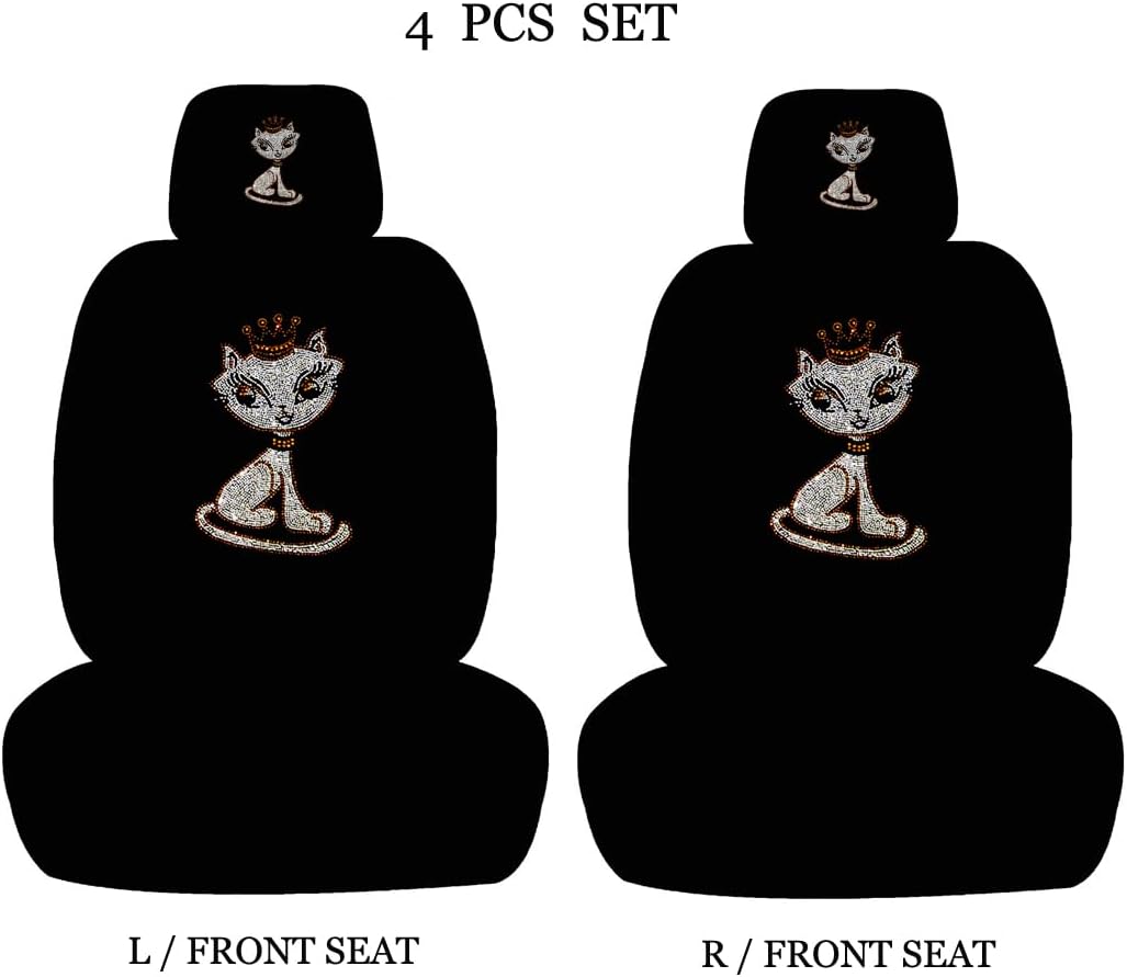 ALLBrand Universal Fit Front 4-Piece Full Set Crystal Bling Rhinestone Studded Low Back Front Bucket Seat Covers with Separate Headrest Covers (Crown Cat/Black)