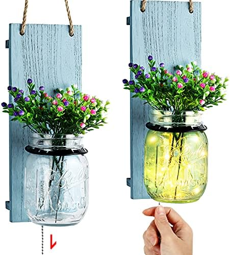 TJ.MOREE Farmhouse Decorative Mason Jar Sconce, Coastal Style Wall Sconce with Pull Chain Switch, Seasonal Interchangeable Colorful Flowers and LED Strip Lights Design for Home Decor Set of 2 - Blue
