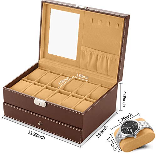 Oyydecor Watch Box 12 Slots Watch Organizer Jewelry Display Case Organizer With Jewelry Drawer For Storage And Display Lockable #TOP6