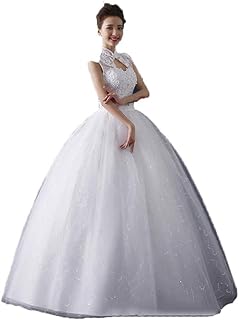 Vintage High Collar Beaded Floral Lace Ball Gown Wedding Dress for Bride...