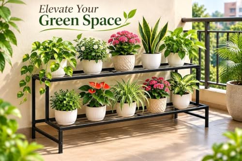Image of 2 Tier Metal Plant Stand 24 Inch for Balcony & Living Room - Heavy Duty Black Iron Flower Pot Stand, Indoor Outdoor Vertical Plant Rack for Garden, Terrace & Home Decor (2 STEP)