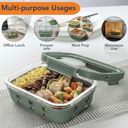 Image of Griplok Glass Lunch Box with Leakproof Lid, Borosilicate Food Storage Container with Silicone Sleeve, Airtight, Microwave /Dishwasher Safe (Forest Green, 1x640ml + 1x1050ml)