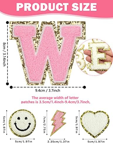 SHENJIPPC 29 Pcs Iron on Patches - Chenille Alphabet Letter Patches Iron on - A-Z Varsity Letters Patches for Jackets Iron - DIY Glitter Gold Border Iron on Patches for Clothing(White)