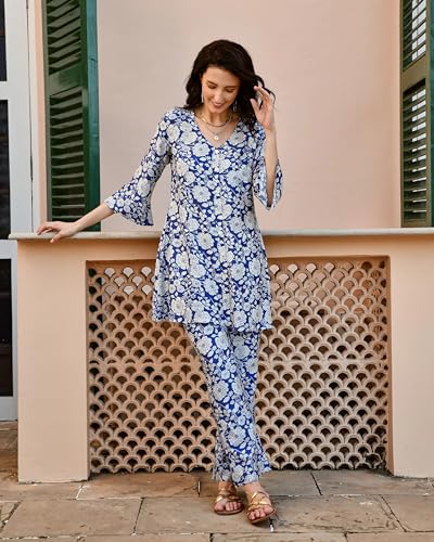 Image of NAINVISH Women's Pink & White Printed Straight Cotton Blend U-Neck Co-ord Set (SD659 KB (3)