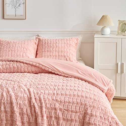 Wajade Faux Rabbit Fur Comforter Set Ultra Soft Fluffy Bedding Comforter Set Luxury Rectangle Pattern Plush Fuzzy 3 Pieces Bed Set(1Comforter+2 Pillowcases) (Full Size, Pink) #TOP3