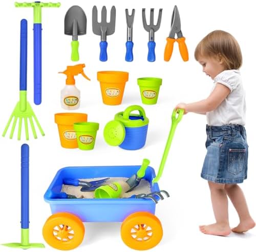 deAO Garden Trolley and Tools for Boys and Girls - Garden Tool Set with 10 Accessories and 4 Plant Pots (Blue)