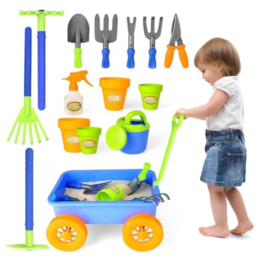 deAO Set Giardinaggio Bambini,Carriola Bambini,Carriola da Giardino,Include 10 Accessori e 4 Vasi per Piante,Regalo per Bambini,Giochi da Giardino per Bambini 2 3 4 5 Anni