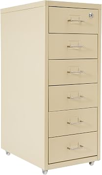 6 Drawer Mobile File Cabinet, Moveable Filing Vertical File Cabinet Stand With Lock,Freestanding Filing Metal Drawers Organizer With 4 Wheels Craft Storage Organization For Home, Office Beige