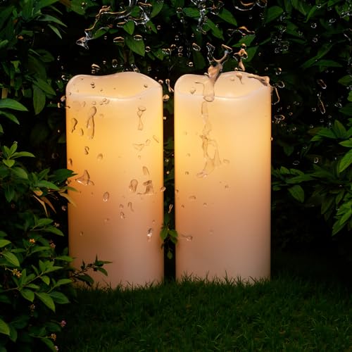 Image of Eldnacele 8 inch x 4 inch Waterproof Outdoor Large Flameless Candles Remote and Timer, Battery Operated White Plastic LED Flickering Pillar Candles 2 Pack Dinner Wedding Porch Garden Lanterns Home Decor