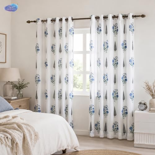 Image of Clasiko Block Print Sheer Door Curtains; 40% Light Filtering Linen Textured Curtains with Eyelets & Tieback; Set of 2; 54x60 Inches / 5 Feet; Vintage Bloom