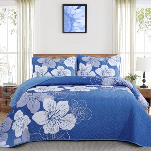 DJY Quilt Queen Size, 3 Pcs Blue Floral Boho Soft Bedspread Coverlet Sets