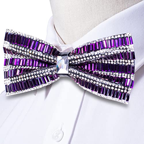 Image of Hi-Tie Pretied Bowtie Lapel Pin Set for Men Pocket Square Cufflinks 4PCS Bow Tie Set Mens Wedding Business Party, Crystal Purple White