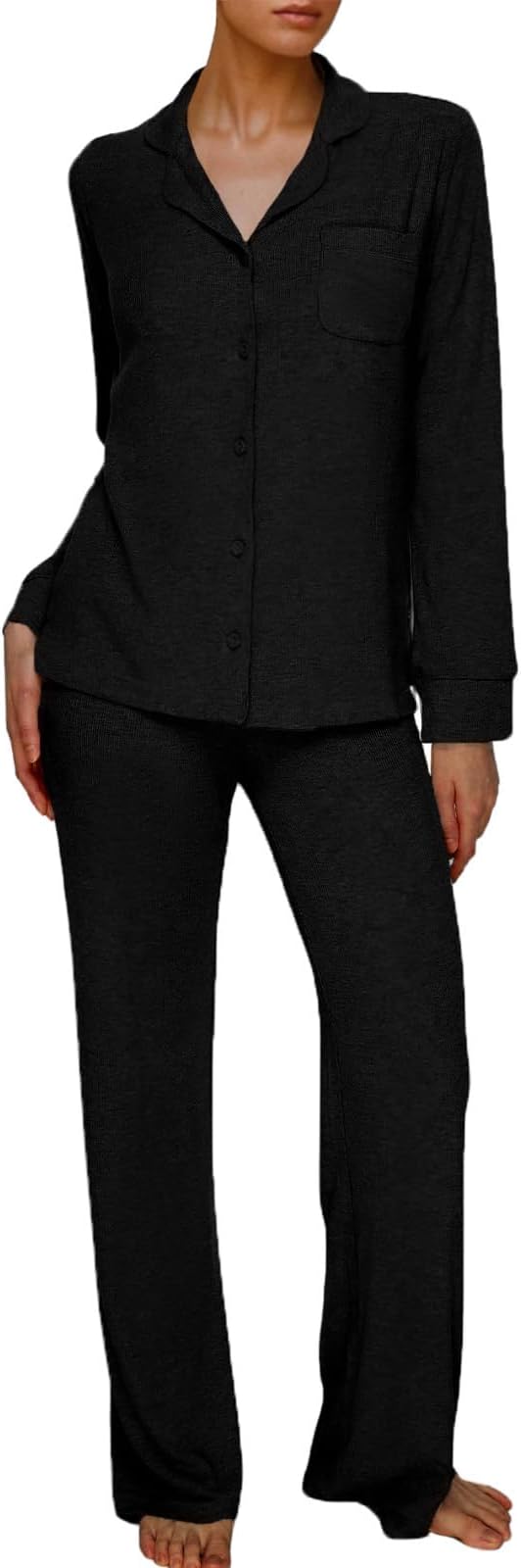 AnotherChillWomen's Pajamas Set Long Sleeve Button Down Ribbed Knit 2 Piece Sleep Sets Loungewear Soft Pjs