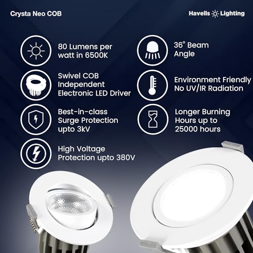 Image of Havells Crysta NEO Swivel COB Spotlight 50W 3K Ceiling Light Energy Efficient Beam Angle of 36 Long Life of 25000 Burning Hours Metal Body COB,Aluminum DIE CAST,80 Lumen Per Watt 6500K