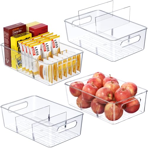 Mpotmiy Organizador de despensa transparente y contenedores de almacenamiento, paquete de 4 recipientes de plástico con asas y separadores extraíbles, adecuados para gabinetes, nevera, cocina, baño,