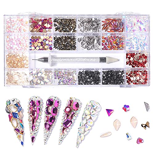 Botiniv 21 Grid Nail Art Strass-Set, Mix Size Kristalle Juwelen Flatback Nail Gems 600 Großer Diamant +2500 Kleiner… – Bild 6