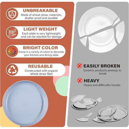 Image of Wheat Straw & Bamboo Fiber Plates Set, Lightweight Dinner Plates, Microwave and Dishwasher Safe, Plates Easy to Clean & Reusable (9 Inches, Blue, Set of 6)