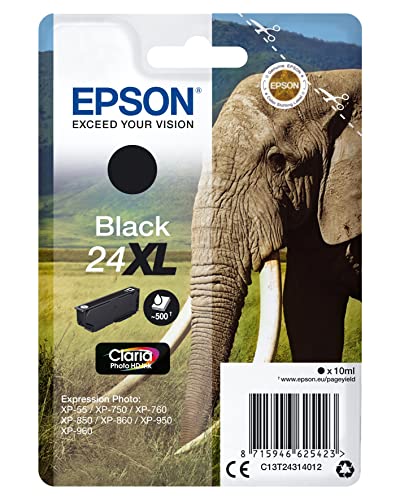 Epson 24XL Eléphant Noir, Cartouche d'encre d'origine XL Haute capacité, XP-55 XP-750 XP-760 XP-850 XP-860 XP-950 XP-960 XP-970