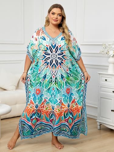 Image of KECVOT Kaftan Dresses for Women V-Neck Print Swimsuit Cover Up Plus Size Beach Caftan Lounge Dress