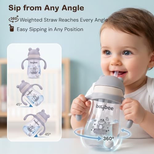 Image of BAYBEE Insulated Baby Sippy Cup for Kids 300 ml | Anti Spill Sipper Bottle with 360 Weighted Straw & Rotating Handle | V Type Straw Bottle BPA Free & Non Toxic for Toddler 6+Months (Grey)