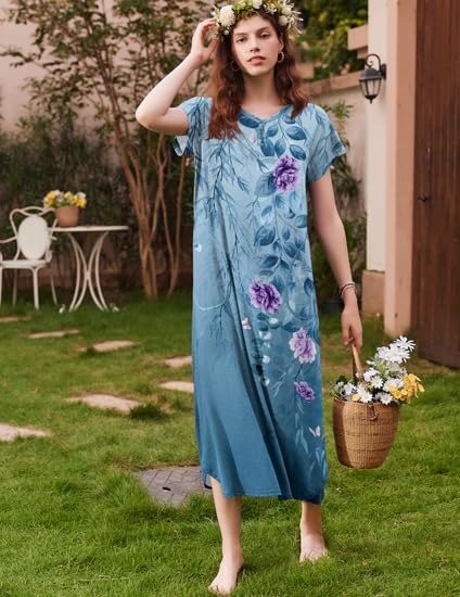 Image of Ekouaer Long Nightgown Women's Loungewear Short Sleeve Sleepwear Full Length Sleep Shirt with Pockets