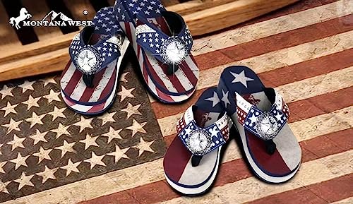 Montana West American Flag Flip Flops Bling Bling Summer Wedge Sandals Hand Beaded Floral Studded Comfort Wedge Sandals Navy Cw-Us01-S089Ny-8 #TOP6