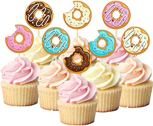 24 Pcs Donut Cupcake Toppers Sweet Theme Cake Decoration for Kids Birthday Party Supplies Celebrating Party Events Baby Shower