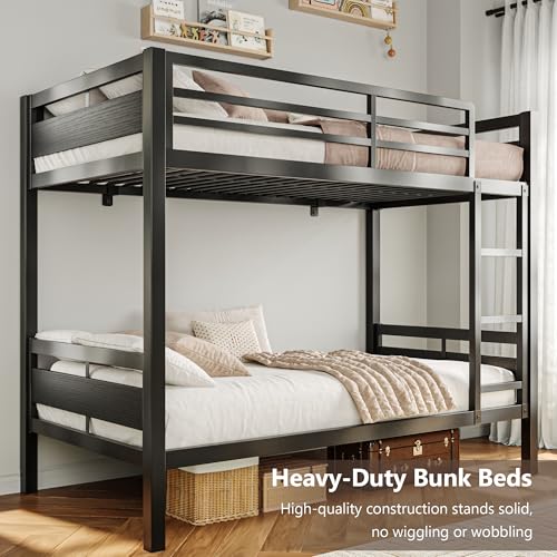 Image of iPormis Metal Bunk Bed Twin Over Twin, Heavy Duty Bunk with High Guardrail and Safety Entrance Design, Under-Bed Storage Space, Easy Assembly, Noise Free, Black