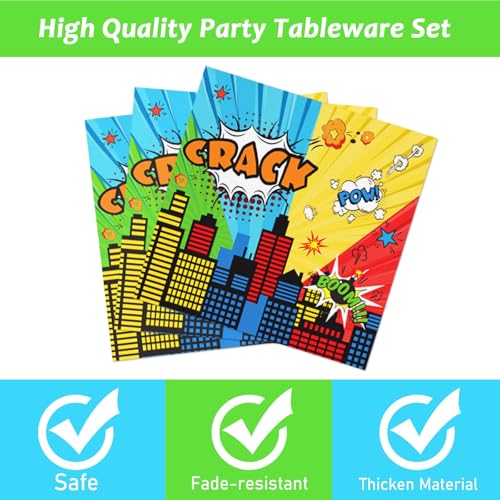 Image of gisgfim 96 Pcs Super Theme Hero Party Plates and Napkins Party Supplies Hero Themed Party Tableware Set Hero Action Disposable Decorations Favors for Birthday Baby Shower for 24 Guests