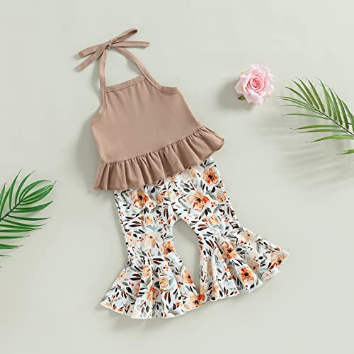 Newborn Baby Girl Summer Clothes Knit Halter Romper Leopard/Sunflower Bell Bottoms Pant Summer Outfit (Apricot, 18-24 Months) #TOP2