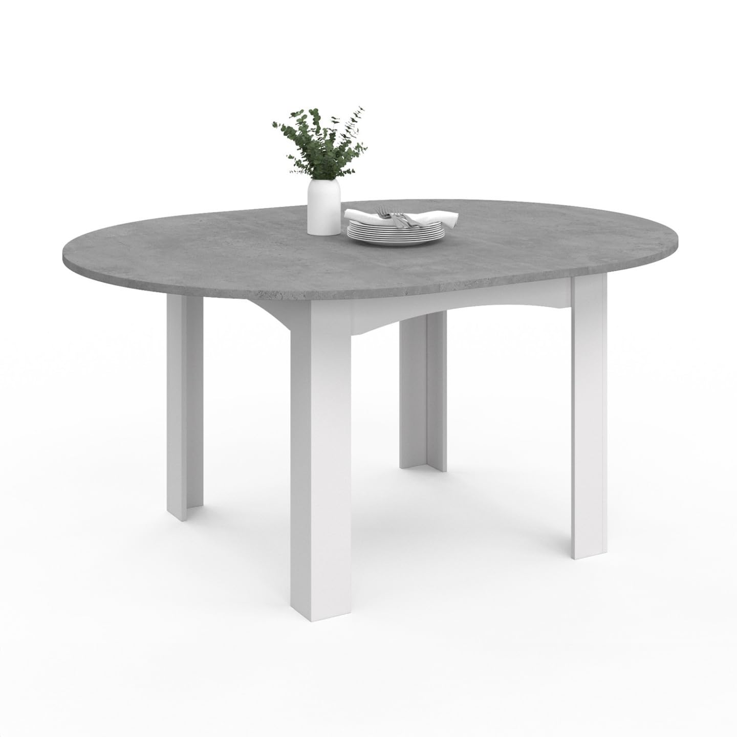 IDMarket - Mesa de comedor extensible redonda Dona, para 4-8 personas, color blanco, tapa de imitación de hormigón, 110-150 cm