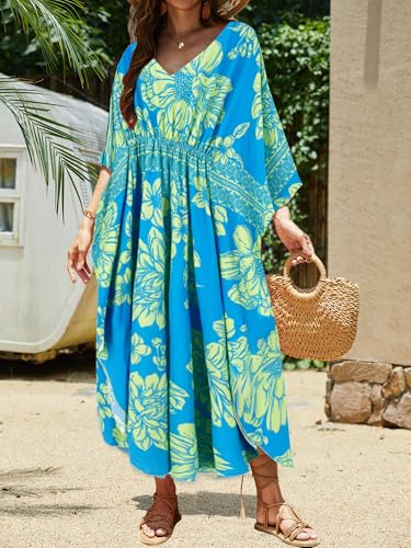 Image of Moss Rose Kaftan Dresses for Women V Neck Summer Swimsuit Cover up Caftan Maxi Beach Dresses