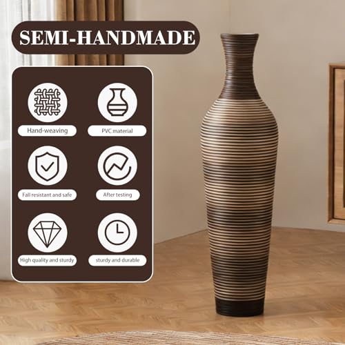 Image of Large Hand-Woven Bamboo Floor Vase, Tall Home Decor Floor Vase for Fake Flower Dried, Flower Holder for Living Room, Bedroom, Dining Room, Entryway, Hallway (Pattern Brown, Bottle)