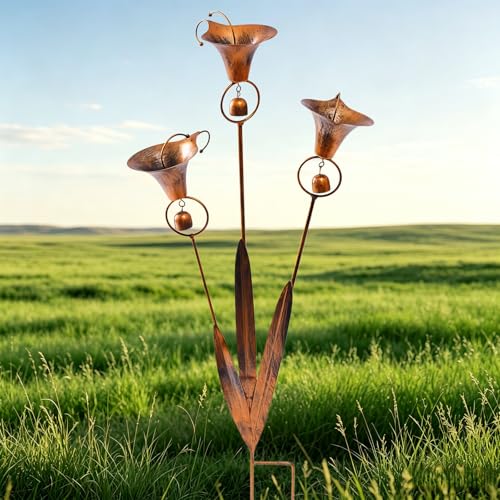 Flamed Copper Three Calla Lilies Garden Stake with Bells Decorative Garden Stakes Copper Calla Lily Garden Stake for Garden Beds Walkways Landscaping Borders Porch Planters Yard Accents (1Pc)