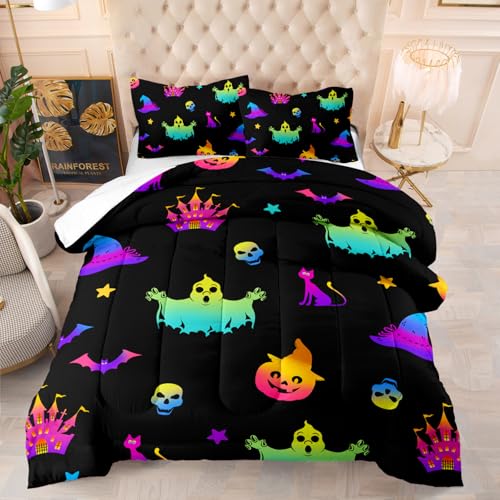 Edredon Cama 150 Halloween Verde Púrpura Relleno Nordico Cama 150 Cálido y Cómodo con 2 Fundas de Almohada Relleno Nordico 4 Estaciones Transpirable Edredón Invierno Cama 150 (203x228 cm)