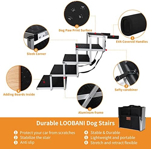 Dog Ramp Stair Steps for Large Dogs, Portable & Foldable Aluminum Fram Car Ramps with Nonslip Surface for High Beds, Trucks, Cars and SUV, Support Height up to 63cm (Black)