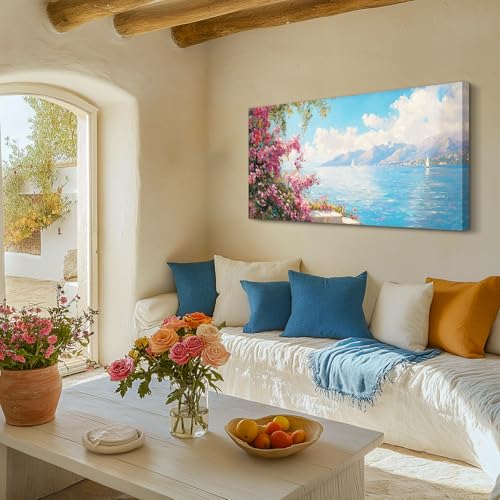 crmotu Coastal Wall Art, Landscape Art Wall Decor, Floral Wall Art, Lake Sailboat Large Artwork, Rustic Pictures Wall Decor Living Room, Bedrooom Art Prints, Cottagecore Peaceful Decoration 24x48inch