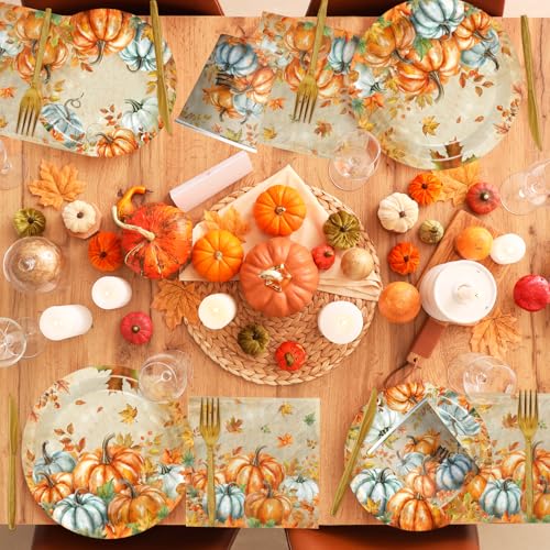Image of Fall Paper Plates and Napkins Sets,144pcs Watercolor Retro Pumpkin Thanksgiving Party Plates and Cups and Napkins Sets for Autumn Themed Thanksgiving Party Supplies,Serves 24